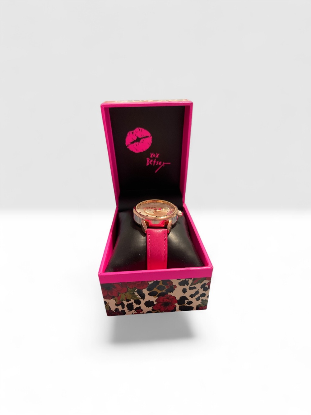 Betsey Johnson Hot Pink Leather Strap Watch with Gold-Tone Case